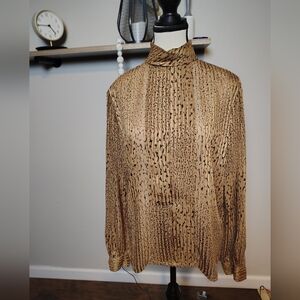 NICOLA Tan and Black Patterned Top Turtleneck Blouse.